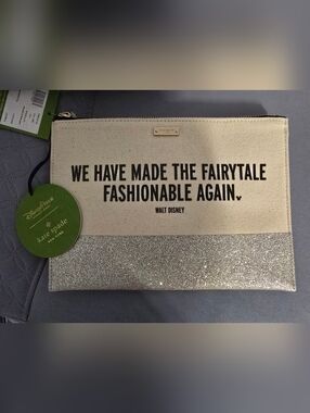 kate spade Beige Canvas and Silver Glitter Quote Clutch